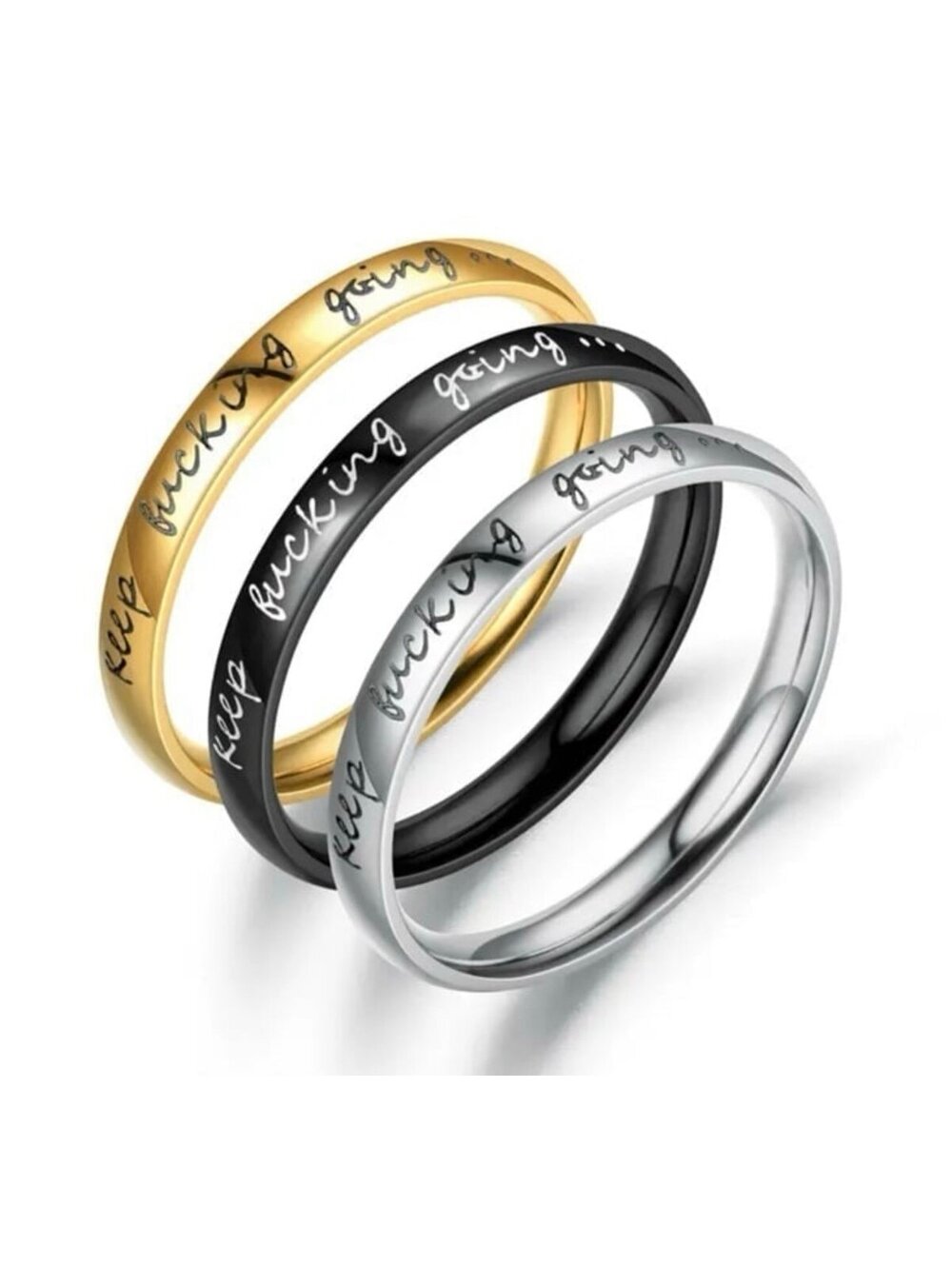 New - 3 Piece Stainless Steel Inspirational Ring - Size 7 - Gold/ Silver/Black